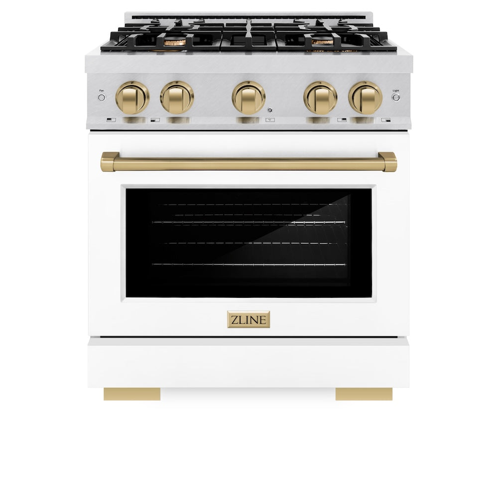 ZLINE Autograph Edition 30 in. 4.2 cu. ft. Select Dual Fuel Range with 4 Burner Gas Cooktop and Electric Convection Oven in Satin Stainless Steel with White Matte Door and Champagne Bronze Accents (HDRSZ-WM-30-CB) front, oven closed.