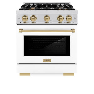 ZLINE Autograph Edition 30 in. 4.2 cu. ft. Select Dual Fuel Range with 4 Burner Gas Cooktop and Electric Convection Oven in Satin Stainless Steel with White Matte Door and Champagne Bronze Accents (HDRSZ-WM-30-CB) front, oven closed.