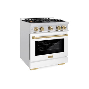 ZLINE Autograph Edition 30 in. 4.2 cu. ft. Select Dual Fuel Range with 4 Burner Gas Cooktop and Electric Convection Oven in Satin Stainless Steel with White Matte Door and Champagne Bronze Accents (HDRSZ-WM-30-CB) side.