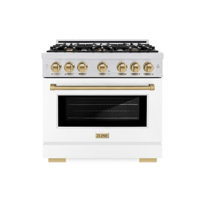 ZLINE Autograph Edition 36 in. 5.2 cu. ft. Select Dual Fuel Range with 6 Burner Gas Cooktop and Electric Convection Oven in Satin Stainless Steel with White Matte Door and Champagne Bronze Accents (HDRSZ-WM-36-CB) front.