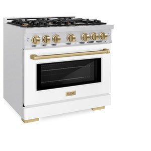 ZLINE Autograph Edition 36 in. 5.2 cu. ft. Select Dual Fuel Range with 6 Burner Gas Cooktop and Electric Convection Oven in Satin Stainless Steel with White Matte Door and Champagne Bronze Accents (HDRSZ-WM-36-CB) side, oven closed.