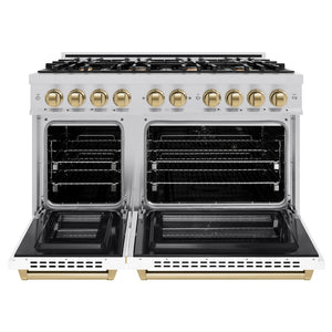 ZLINE Autograph Edition 48 in. 6.7 cu. ft. Select Double Oven Dual Fuel Range with 8 Burner Gas Cooktop in Satin Stainless Steel with White Matte Doors and Champagne Bronze Accents (HDRSZ-WM-48-CB) front, oven open.