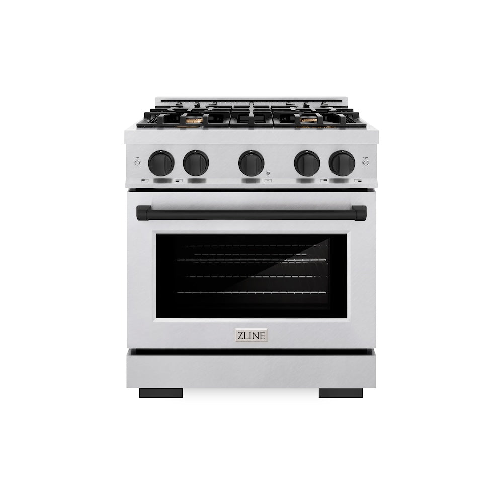 ZLINE Autograph Edition 30 in. 4.2 cu. ft. Select Dual Fuel Range with 4 Burner Gas Cooktop and Electric Convection Oven in Satin Stainless Steel with Matte Black Accents (HDRSZ-30-MB) front.
