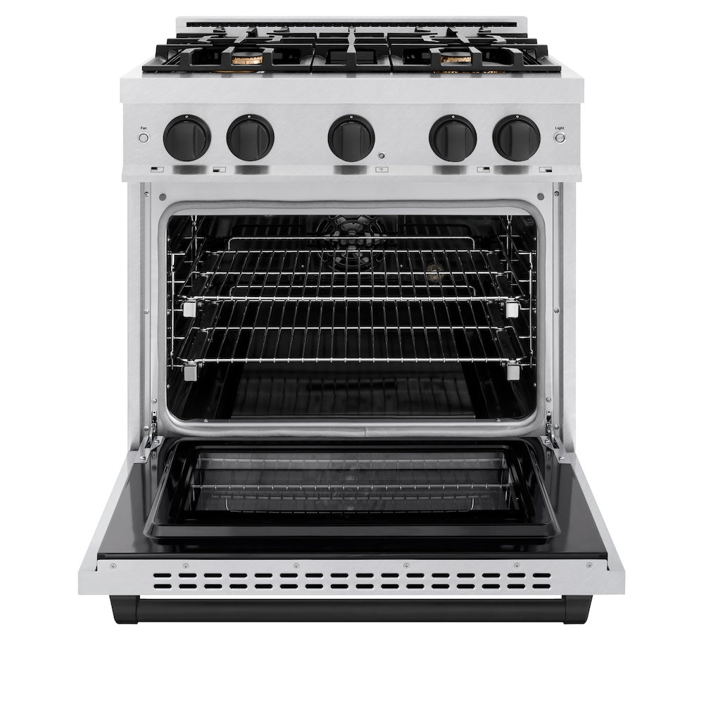 ZLINE Autograph Edition 30 in. 4.2 cu. ft. Select Dual Fuel Range with 4 Burner Gas Cooktop and Electric Convection Oven in Satin Stainless Steel with Matte Black Accents (HDRSZ-30-MB) front, oven open.