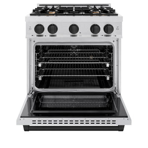 ZLINE Autograph Edition 30 in. 4.2 cu. ft. Select Dual Fuel Range with 4 Burner Gas Cooktop and Electric Convection Oven in Satin Stainless Steel with Matte Black Accents (HDRSZ-30-MB) front, oven open.