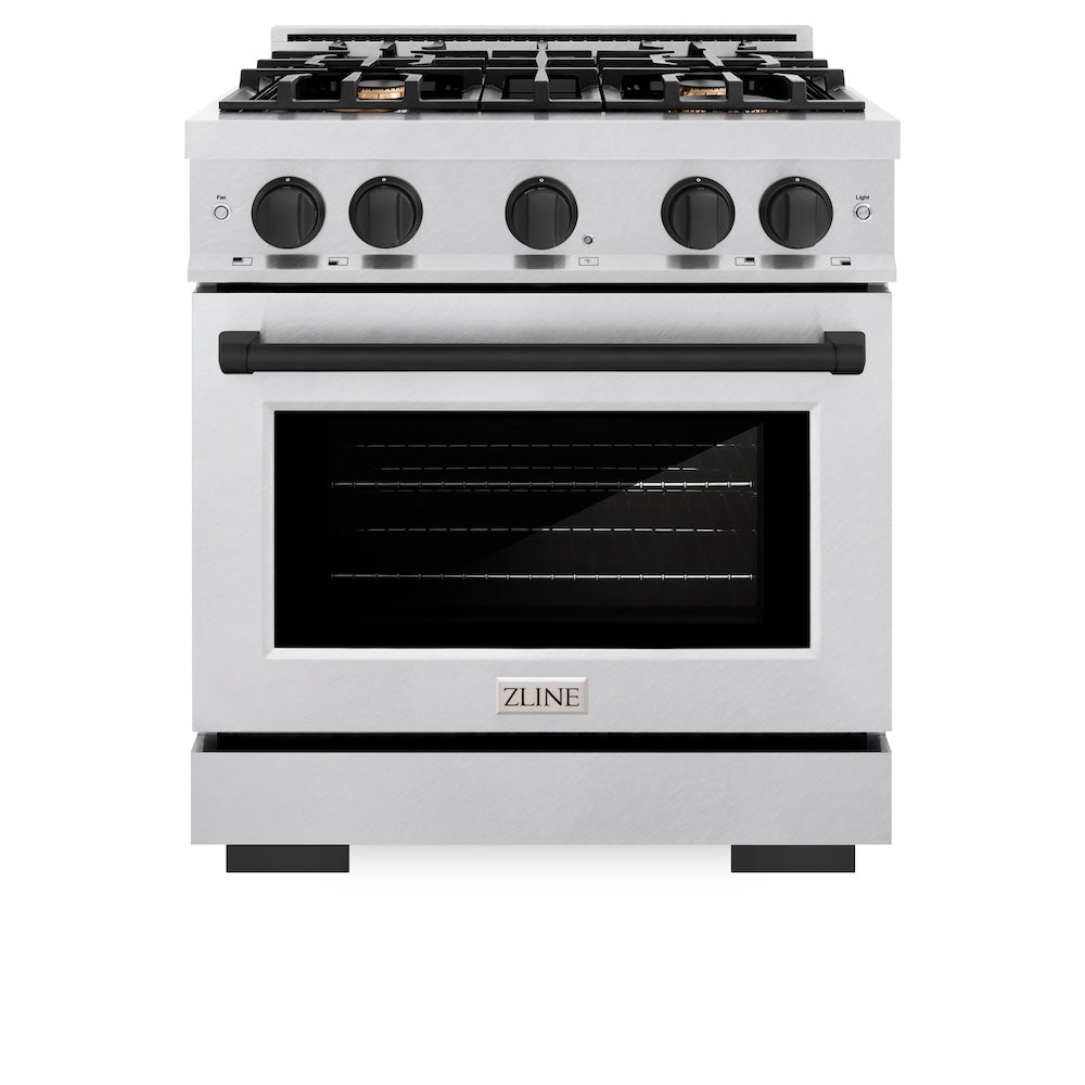 ZLINE Autograph Edition 30 in. 4.2 cu. ft. Select Dual Fuel Range with 4 Burner Gas Cooktop and Electric Convection Oven in Satin Stainless Steel with Matte Black Accents (HDRSZ-30-MB) front, oven closed.