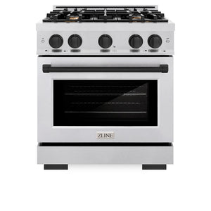 ZLINE Autograph Edition 30 in. 4.2 cu. ft. Select Dual Fuel Range with 4 Burner Gas Cooktop and Electric Convection Oven in Satin Stainless Steel with Matte Black Accents (HDRSZ-30-MB) front, oven closed.