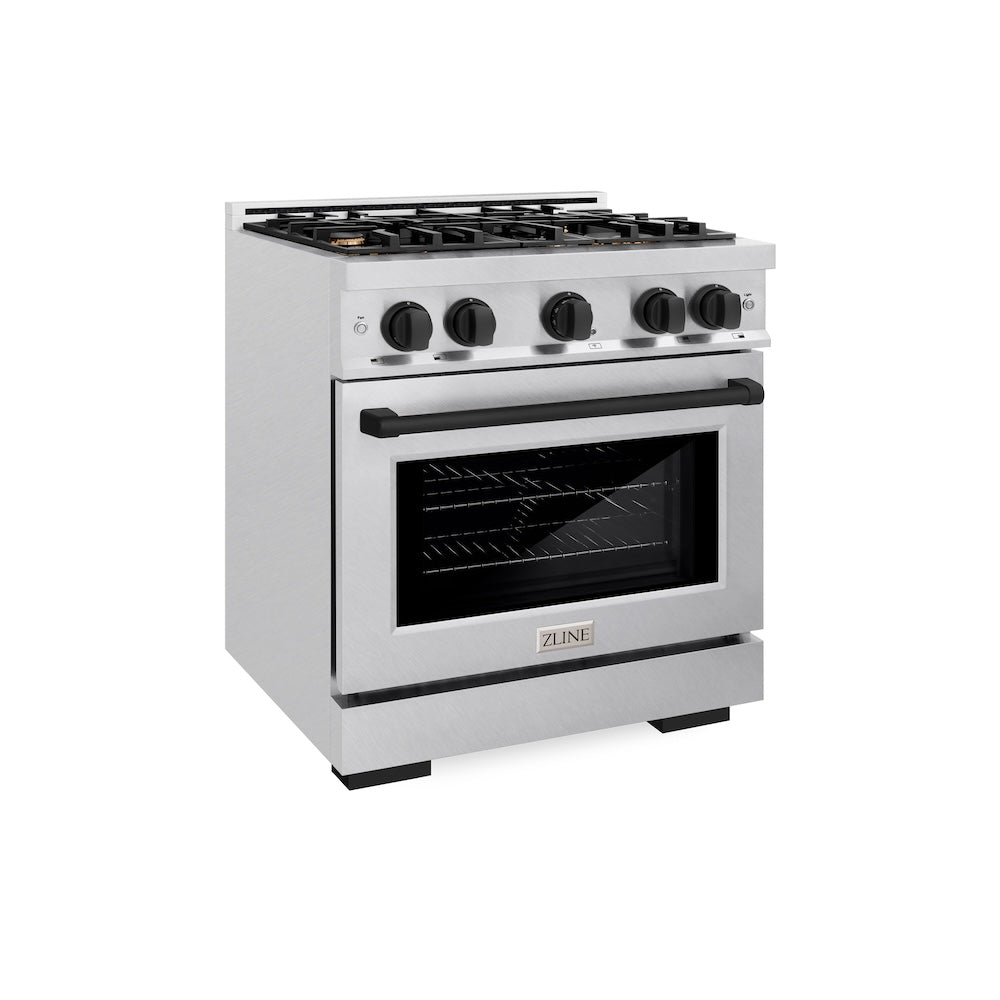 ZLINE Autograph Edition 30 in. 4.2 cu. ft. Select Dual Fuel Range with 4 Burner Gas Cooktop and Electric Convection Oven in Satin Stainless Steel with Matte Black Accents (HDRSZ-30-MB) side.