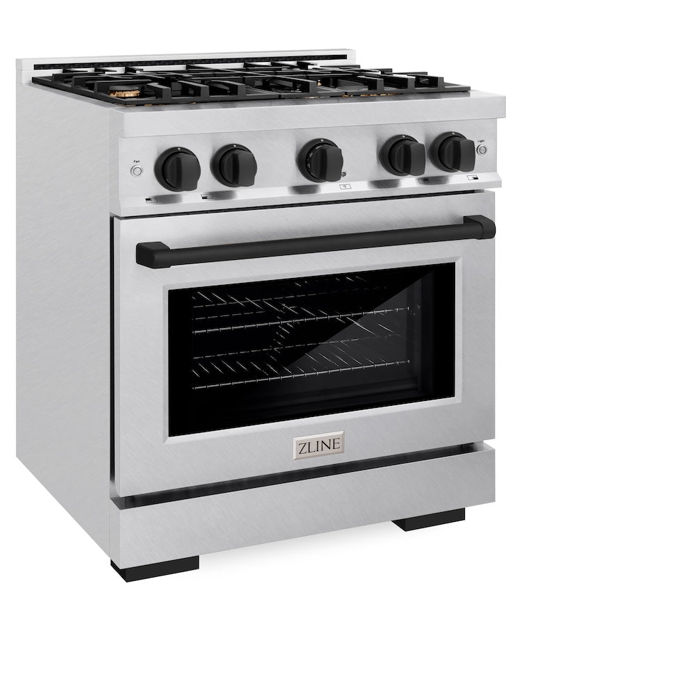 ZLINE Autograph Edition 30 in. 4.2 cu. ft. Select Dual Fuel Range with 4 Burner Gas Cooktop and Electric Convection Oven in Satin Stainless Steel with Matte Black Accents (HDRSZ-30-MB) side, oven closed.