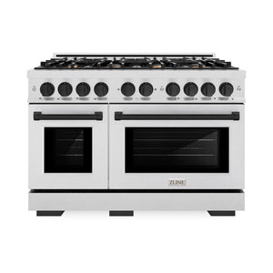 ZLINE Autograph Edition 48 in. 6.7 cu. ft. Select Double Oven Dual Fuel Range with 8 Burner Gas Cooktop in Satin Stainless Steel and Matte Black Accents (HDRSZ-48-MB) front.