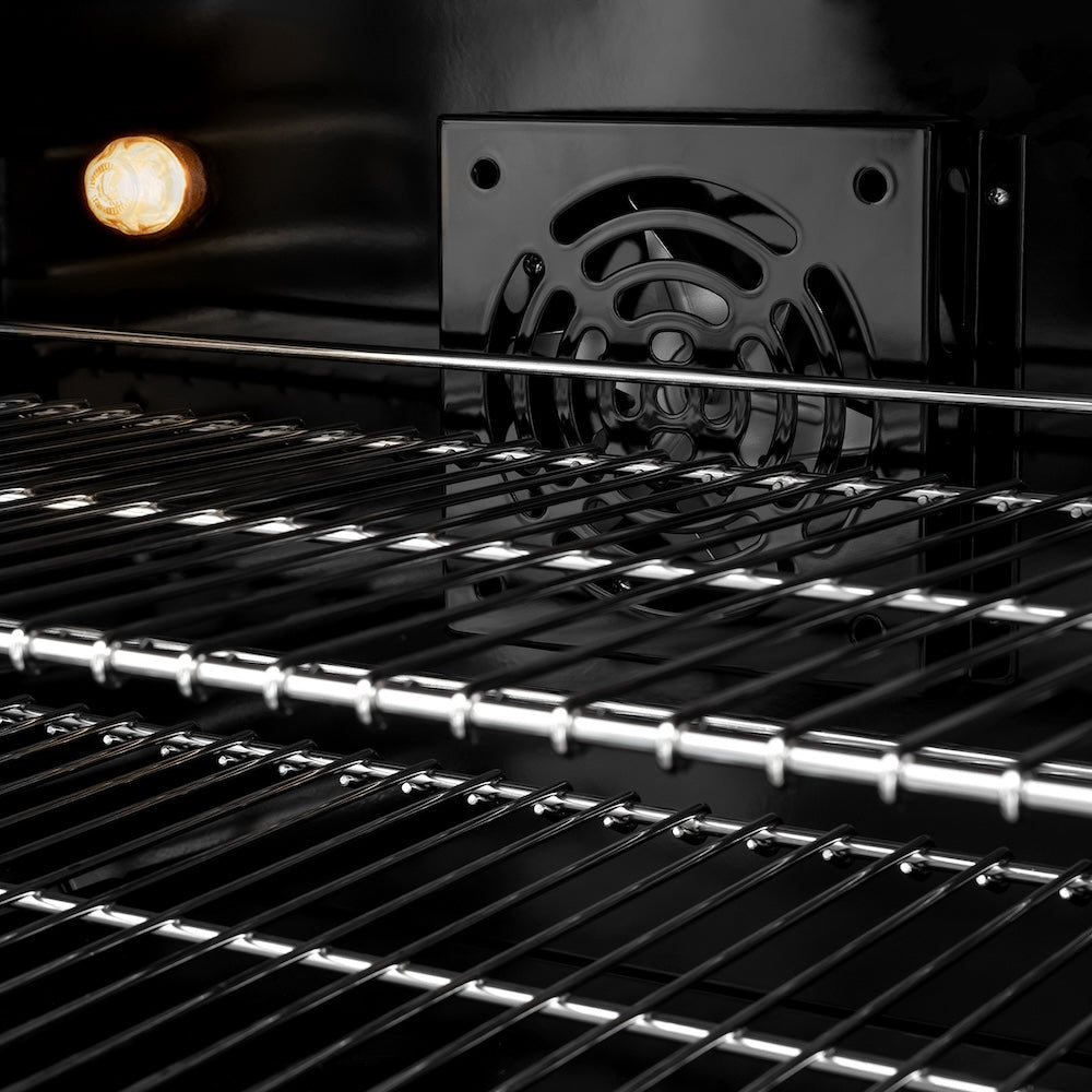 ZLINE Autograph Edition 36 in. 5.2 cu. ft. Select Dual Fuel Range with 6 Burner Gas Cooktop and Electric Convection Oven in Satin Stainless Steel with White Matte Door and Matte Black Accents (HDRSZ-WM-36-MB) convection fan and lighting inside oven.