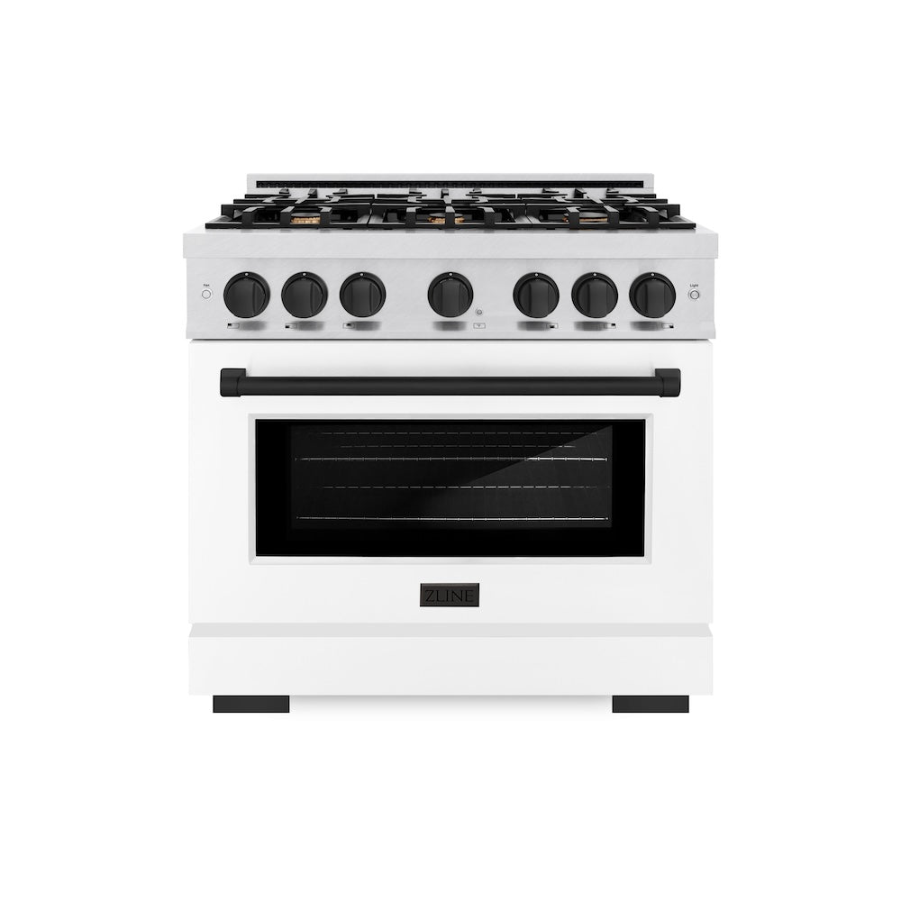 ZLINE Autograph Edition 36 in. 5.2 cu. ft. Select Dual Fuel Range with 6 Burner Gas Cooktop and Electric Convection Oven in Satin Stainless Steel with White Matte Door and Matte Black Accents (HDRSZ-WM-36-MB) front.
