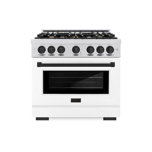 ZLINE Autograph Edition 36 in. 5.2 cu. ft. Select Dual Fuel Range with 6 Burner Gas Cooktop and Electric Convection Oven in Satin Stainless Steel with White Matte Door and Matte Black Accents (HDRSZ-WM-36-MB) front.