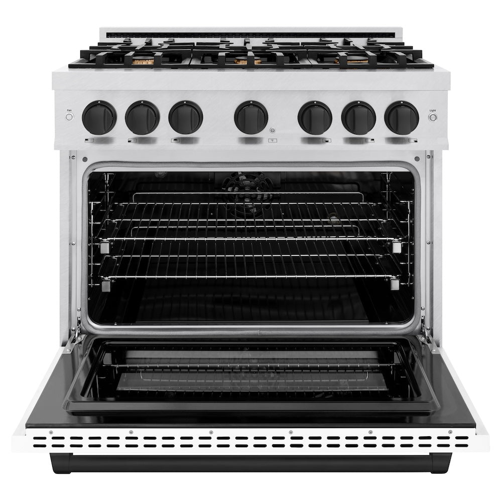 ZLINE Autograph Edition 36 in. 5.2 cu. ft. Select Dual Fuel Range with 6 Burner Gas Cooktop and Electric Convection Oven in Satin Stainless Steel with White Matte Door and Matte Black Accents (HDRSZ-WM-36-MB) front, oven open.