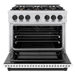 ZLINE Autograph Edition 36 in. 5.2 cu. ft. Select Dual Fuel Range with 6 Burner Gas Cooktop and Electric Convection Oven in Satin Stainless Steel with White Matte Door and Matte Black Accents (HDRSZ-WM-36-MB) front, oven open.