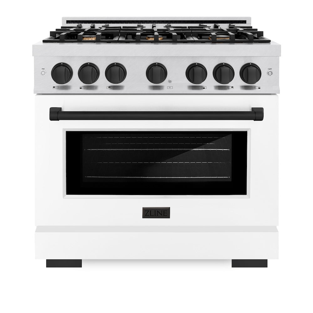 ZLINE Autograph Edition 36 in. 5.2 cu. ft. Select Dual Fuel Range with 6 Burner Gas Cooktop and Electric Convection Oven in Satin Stainless Steel with White Matte Door and Matte Black Accents (HDRSZ-WM-36-MB) front, oven closed.