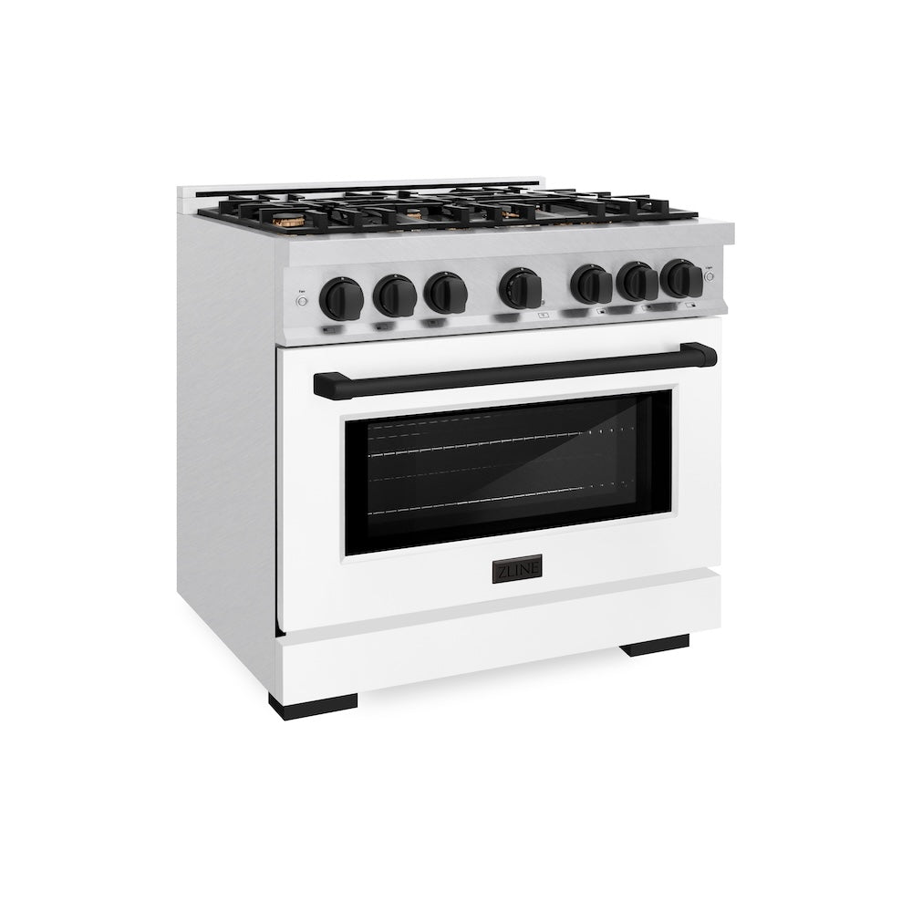 ZLINE Autograph Edition 36 in. 5.2 cu. ft. Select Dual Fuel Range with 6 Burner Gas Cooktop and Electric Convection Oven in Satin Stainless Steel with White Matte Door and Matte Black Accents (HDRSZ-WM-36-MB) side.