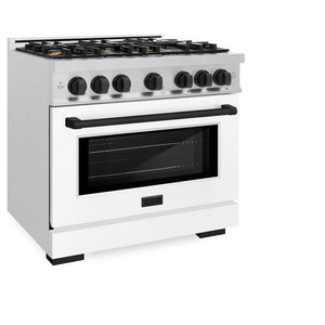 ZLINE Autograph Edition 36 in. 5.2 cu. ft. Select Dual Fuel Range with 6 Burner Gas Cooktop and Electric Convection Oven in Satin Stainless Steel with White Matte Door and Matte Black Accents (HDRSZ-WM-36-MB) side, oven closed.