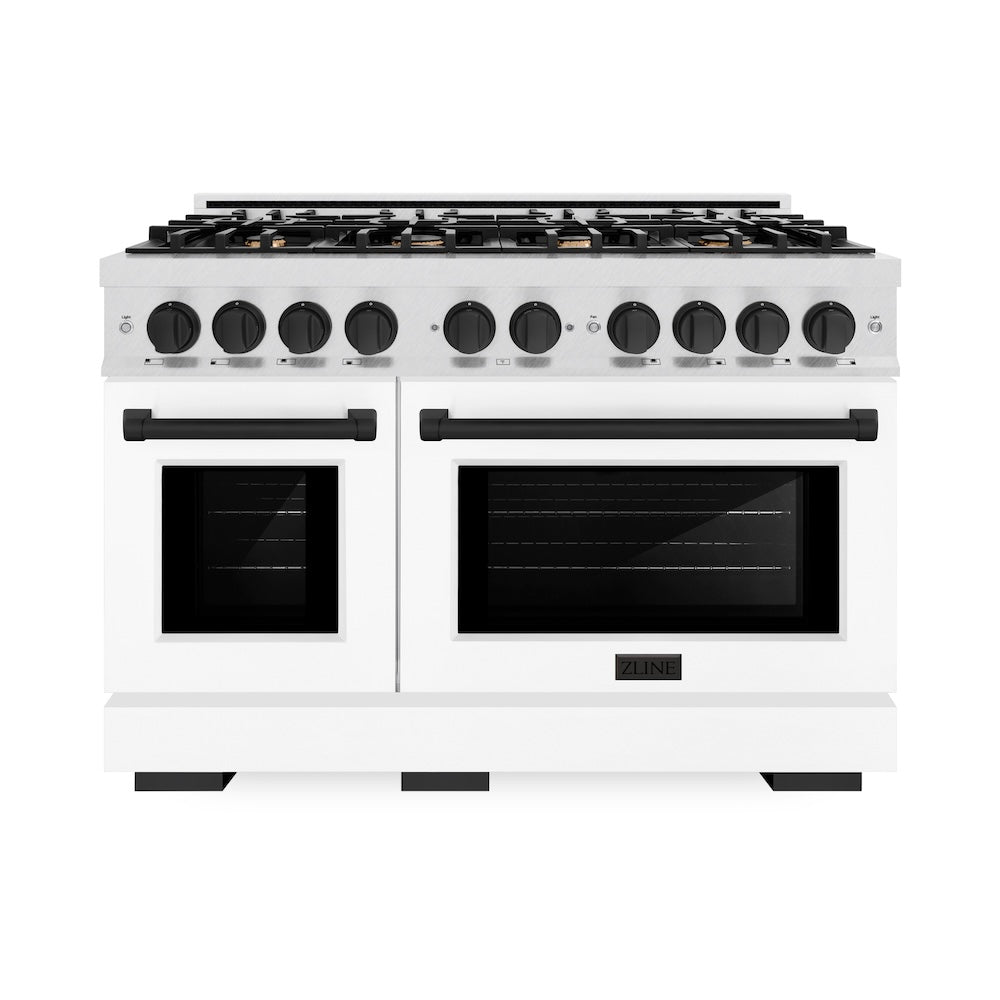 ZLINE Autograph Edition 48 in. 6.7 cu. ft. Select Double Oven Dual Fuel Range with 8 Burner Gas Cooktop in Satin Stainless Steel with White Matte Doors and Matte Black Accents (HDRSZ-WM-48-MB) front.
