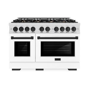 ZLINE Autograph Edition 48 in. 6.7 cu. ft. Select Double Oven Dual Fuel Range with 8 Burner Gas Cooktop in Satin Stainless Steel with White Matte Doors and Matte Black Accents (HDRSZ-WM-48-MB) front.