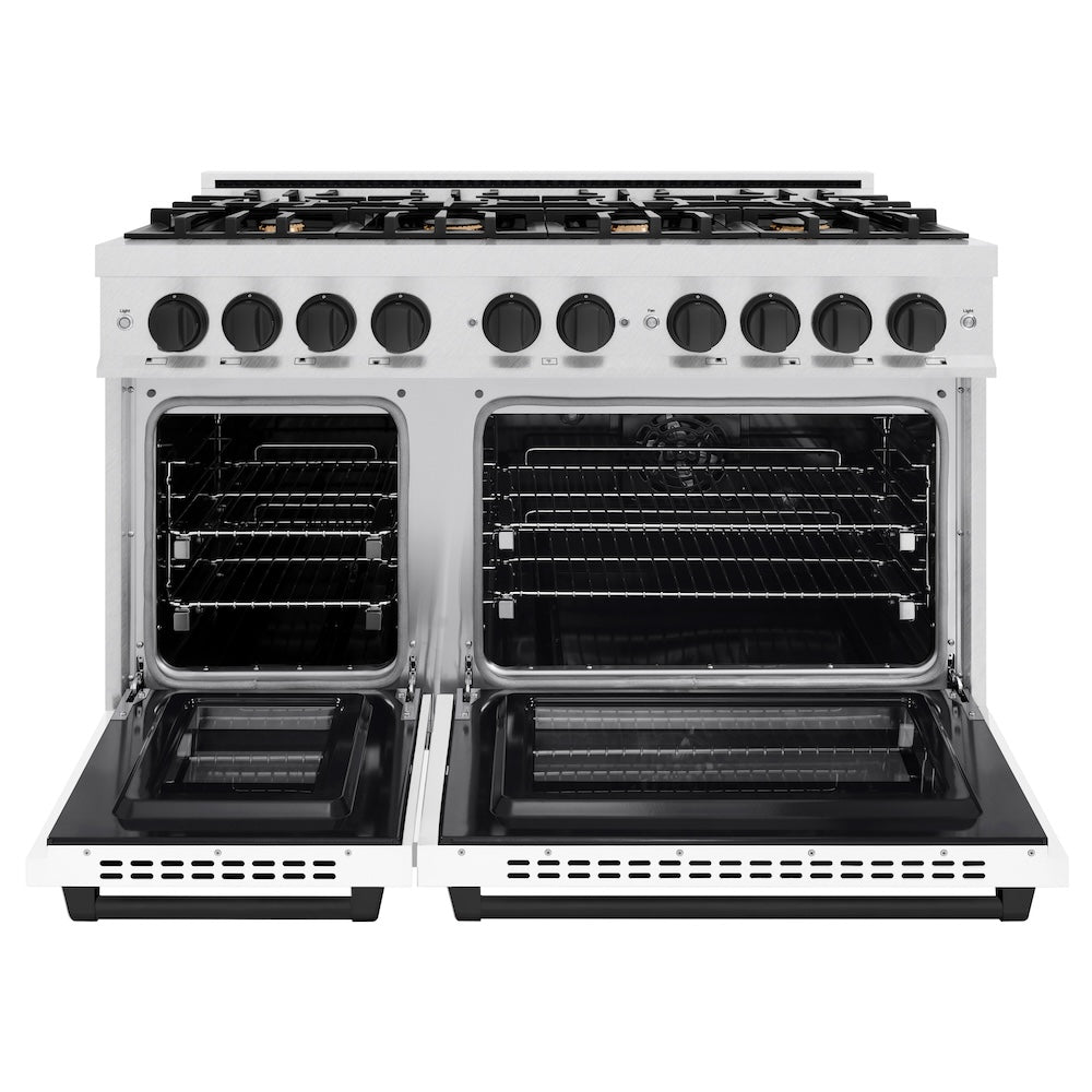 ZLINE Autograph Edition 48 in. 6.7 cu. ft. Select Double Oven Dual Fuel Range with 8 Burner Gas Cooktop in Satin Stainless Steel with White Matte Doors and Matte Black Accents (HDRSZ-WM-48-MB) front, oven open.
