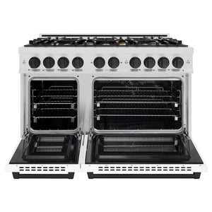ZLINE Autograph Edition 48 in. 6.7 cu. ft. Select Double Oven Dual Fuel Range with 8 Burner Gas Cooktop in Satin Stainless Steel with White Matte Doors and Matte Black Accents (HDRSZ-WM-48-MB) front, oven open.