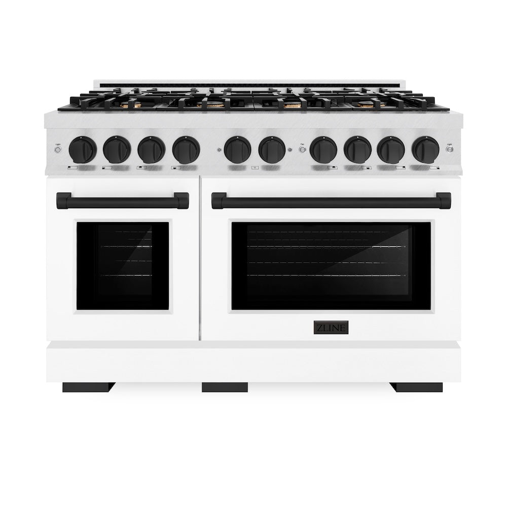 ZLINE Autograph Edition 48 in. 6.7 cu. ft. Select Double Oven Dual Fuel Range with 8 Burner Gas Cooktop in Satin Stainless Steel with White Matte Doors and Matte Black Accents (HDRSZ-WM-48-MB) front, oven closed.