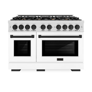 ZLINE Autograph Edition 48 in. 6.7 cu. ft. Select Double Oven Dual Fuel Range with 8 Burner Gas Cooktop in Satin Stainless Steel with White Matte Doors and Matte Black Accents (HDRSZ-WM-48-MB) front, oven closed.