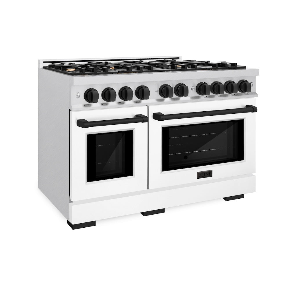 ZLINE Autograph Edition 48 in. 6.7 cu. ft. Select Double Oven Dual Fuel Range with 8 Burner Gas Cooktop in Satin Stainless Steel with White Matte Doors and Matte Black Accents (HDRSZ-WM-48-MB) side.