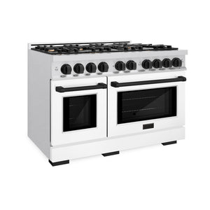 ZLINE Autograph Edition 48 in. 6.7 cu. ft. Select Double Oven Dual Fuel Range with 8 Burner Gas Cooktop in Satin Stainless Steel with White Matte Doors and Matte Black Accents (HDRSZ-WM-48-MB) side.