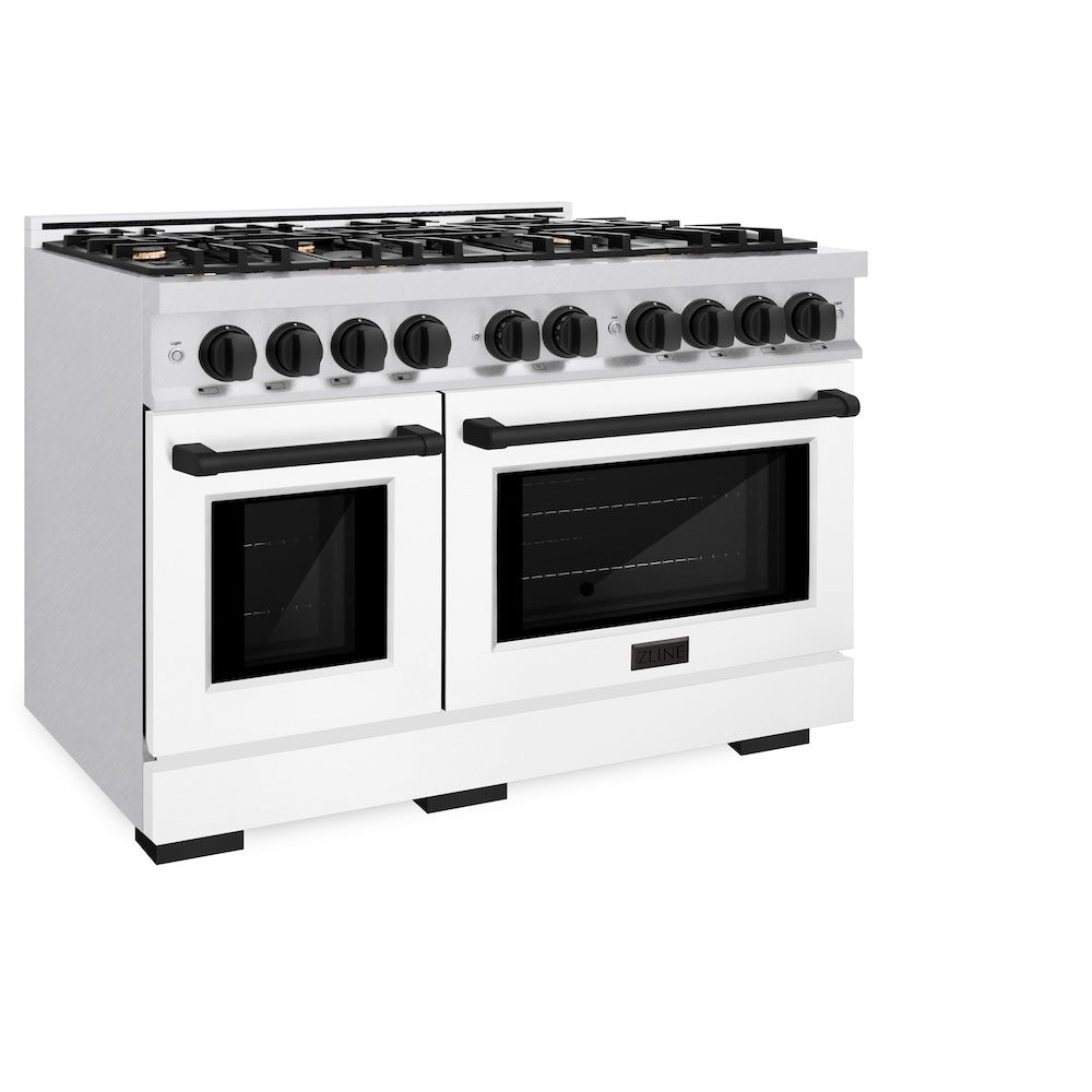 ZLINE Autograph Edition 48 in. 6.7 cu. ft. Select Double Oven Dual Fuel Range with 8 Burner Gas Cooktop in Satin Stainless Steel with White Matte Doors and Matte Black Accents (HDRSZ-WM-48-MB) side, oven closed.