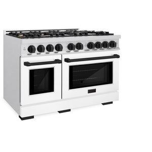 ZLINE Autograph Edition 48 in. 6.7 cu. ft. Select Double Oven Dual Fuel Range with 8 Burner Gas Cooktop in Satin Stainless Steel with White Matte Doors and Matte Black Accents (HDRSZ-WM-48-MB) side, oven closed.