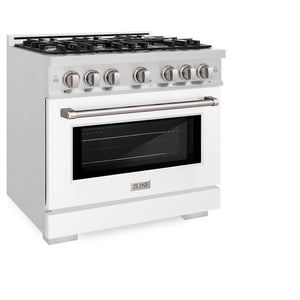 ZLINE 36 in. 5.2 cu. ft. Select Dual Fuel Range with 6 Burner Gas Cooktop and Electric Convection Oven in Satin Stainless Steel with White Matte Door (HDRS-WM-36) side, oven closed.
