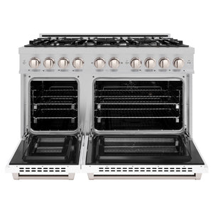 ZLINE 48 in. 6.7 cu. ft. Select Double Oven Dual Fuel Range with 8 Burner Gas Cooktop in Satin Stainless Steel with White Matte Doors (HDRS-WM-48) front, oven open.
