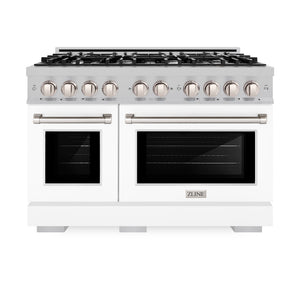 ZLINE 48 in. 6.7 cu. ft. Select Double Oven Dual Fuel Range with 8 Burner Gas Cooktop in Satin Stainless Steel with White Matte Doors (HDRS-WM-48) front, oven closed.