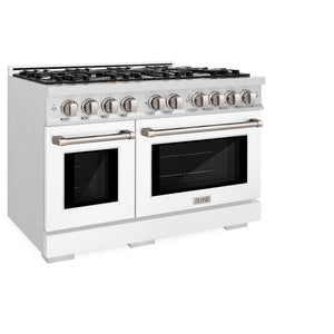 ZLINE 48 in. 6.7 cu. ft. Select Double Oven Dual Fuel Range with 8 Burner Gas Cooktop in Satin Stainless Steel with White Matte Doors (HDRS-WM-48) side, oven closed.
