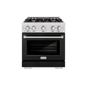 ZLINE 30 in. 4.2 cu. ft. Select Gas Range with 4 Burner Cooktop and Convection Gas Oven in Satin Stainless Steel with Black Matte Door (HGRS-BLM-30) front.