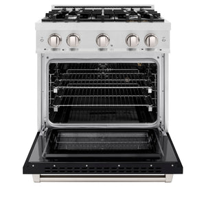 ZLINE 30 in. 4.2 cu. ft. Select Gas Range with 4 Burner Cooktop and Convection Gas Oven in Satin Stainless Steel with Black Matte Door (HGRS-BLM-30) front, oven open.
