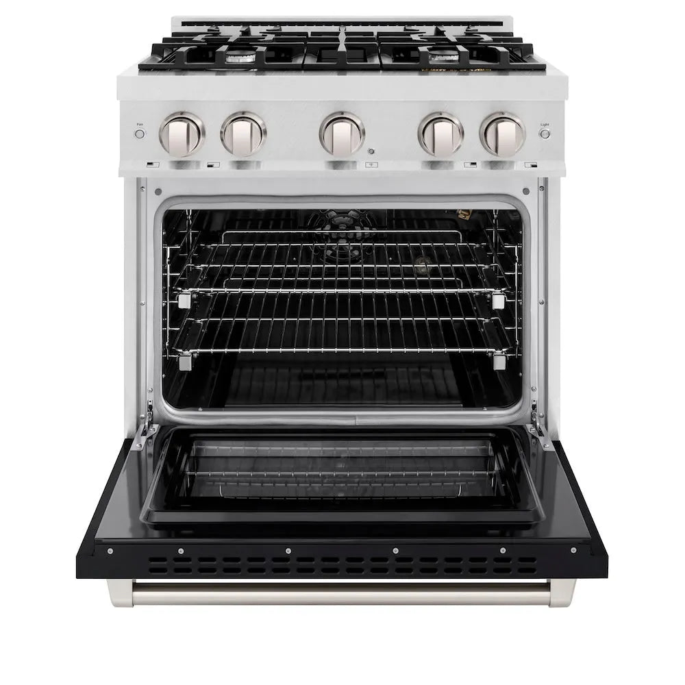 ZLINE 30 in. 4.2 cu. ft. Select Gas Range with 4 Burner Cooktop and Convection Gas Oven in Satin Stainless Steel with Black Matte Door (HGRS-BLM-30) front, oven open.