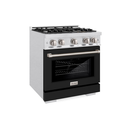 ZLINE 30 in. 4.2 cu. ft. Select Gas Range with 4 Burner Cooktop and Convection Gas Oven in Satin Stainless Steel with Black Matte Door (HGRS-BLM-30) side.