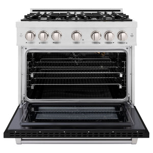 ZLINE 36 in. 5.2 cu. ft. Select Gas Range with 6 Burner Cooktop and Convection Gas Oven in Satin Stainless Steel with Black Matte Door (HGRS-BLM-36) front, oven open.