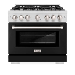 ZLINE 36 in. 5.2 cu. ft. Select Gas Range with 6 Burner Cooktop and Convection Gas Oven in Satin Stainless Steel with Black Matte Door (HGRS-BLM-36) front, oven closed.