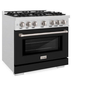 ZLINE 36 in. 5.2 cu. ft. Select Gas Range with 6 Burner Cooktop and Convection Gas Oven in Satin Stainless Steel with Black Matte Door (HGRS-BLM-36) side, oven closed.