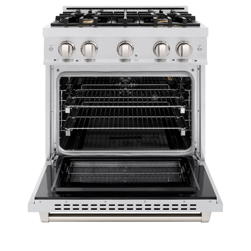 ZLINE 30 in. 4.2 cu. ft. Select Gas Range with Convection Gas Oven in Satin Stainless Steel with 4 Brass Burners (HGRS-BR-30) front, oven open.