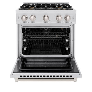 ZLINE 30 in. 4.2 cu. ft. Select Gas Range with Convection Gas Oven in Satin Stainless Steel with 4 Brass Burners (HGRS-BR-30) front, oven open.