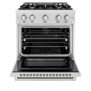 ZLINE 30 in. 4.2 cu. ft. Select Gas Range with Convection Gas Oven in Satin Stainless Steel with 4 Brass Burners (HGRS-BR-30) front, oven open.