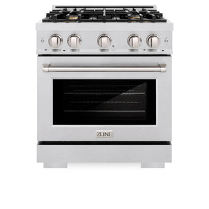 ZLINE 30 in. 4.2 cu. ft. Select Gas Range with Convection Gas Oven in Satin Stainless Steel with 4 Brass Burners (HGRS-BR-30) front, oven closed.