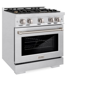 ZLINE 30 in. 4.2 cu. ft. Select Gas Range with Convection Gas Oven in Satin Stainless Steel with 4 Brass Burners (HGRS-BR-30) side, oven closed.