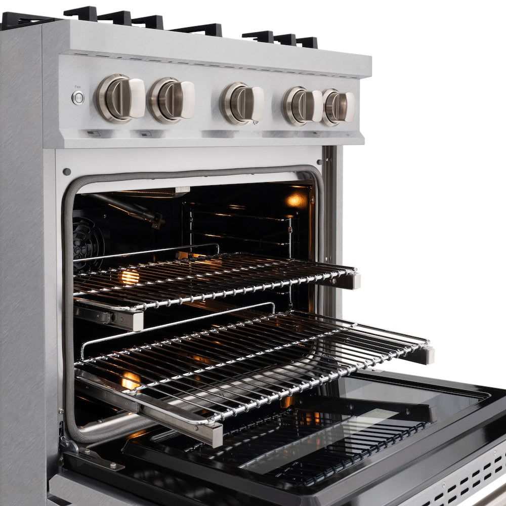 ZLINE 30 in. 4.2 cu. ft. Select Gas Range with Convection Gas Oven in Satin Stainless Steel with 4 Brass Burners (HGRS-BR-30) oven racks, side.