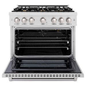 ZLINE 36 in. 5.2 cu. ft. Select Gas Range with Convection Gas Oven in Satin Stainless Steel with 6 Brass Burners (HGRS-BR-36) front, oven open.